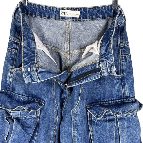 Zara Womens 6 Baggy Hi Rise Wide Leg Utility Multi Pocket Cargo Blue Denim - Picture 4 of 16